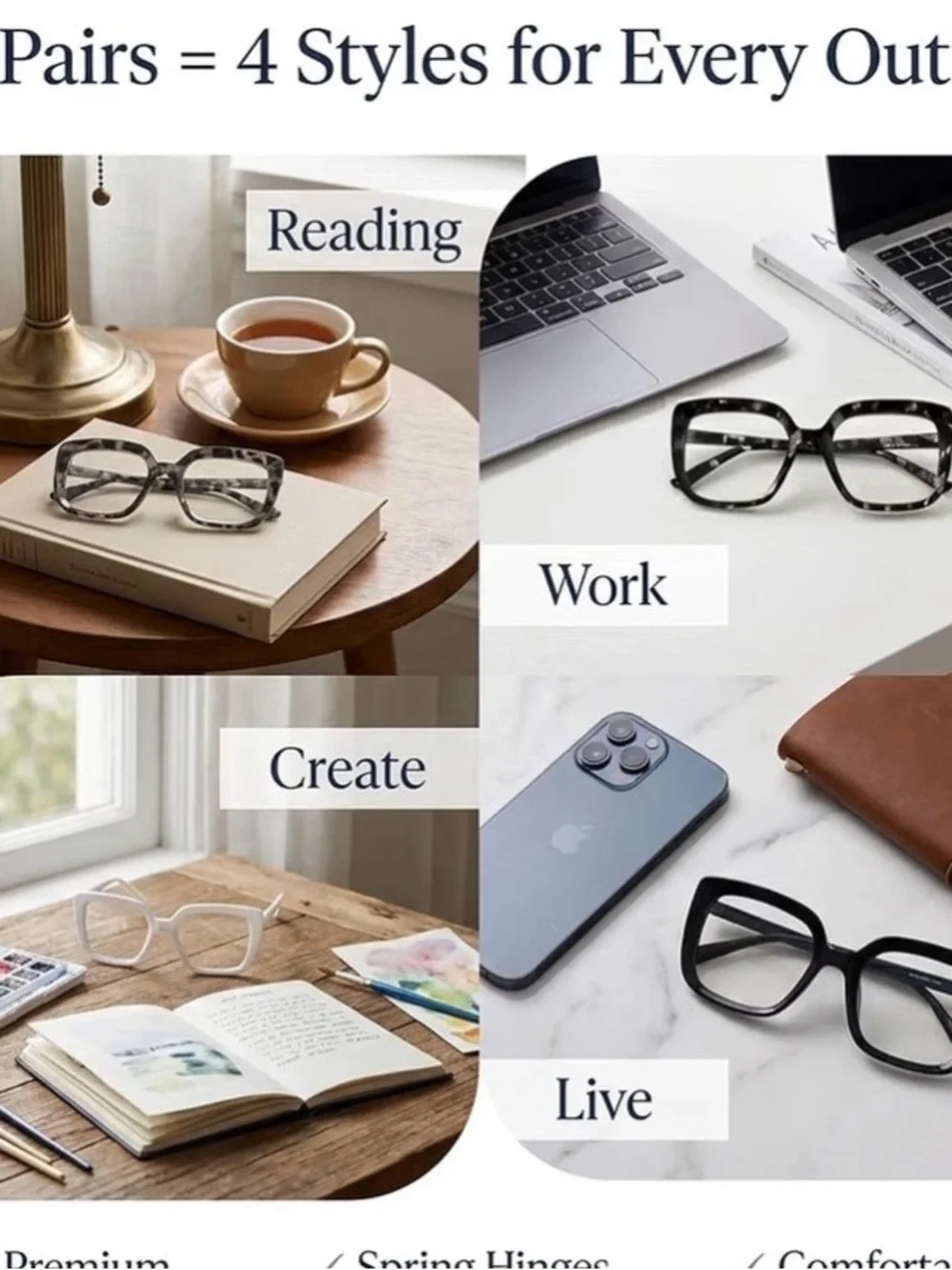 4-Pack Women's Oversized Square Fashion Glasses -Black,White, Tortoiseshell- 1.0